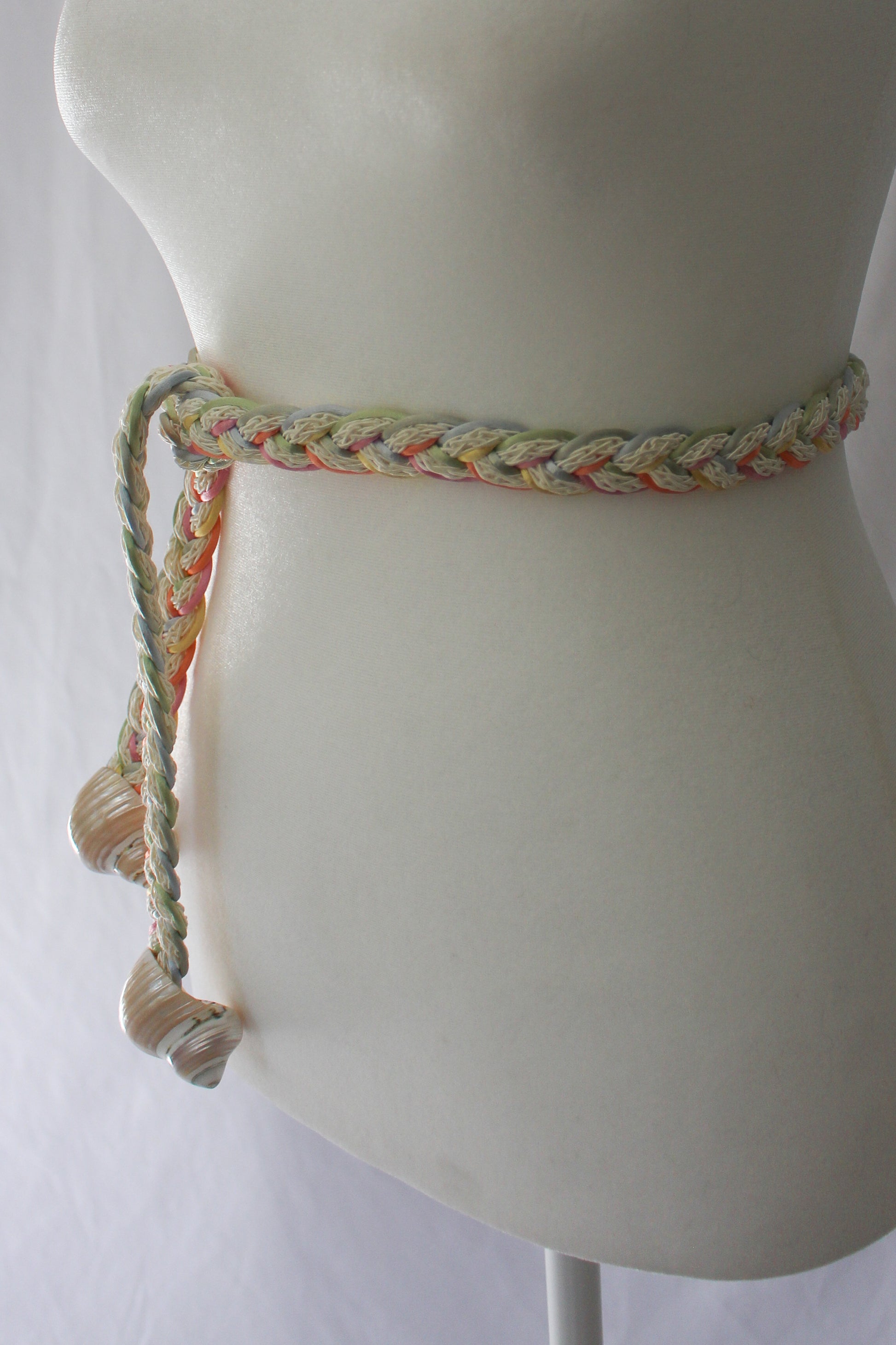 braided shell belt; pastel seashell belt
