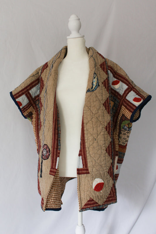 fishing quilt vest with flare shoulder, fish quilt vest 