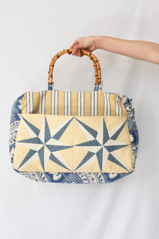 beach bag with bamboo handles, blue white and yellow purse, weekender bag, overnight bag, quilt block bag