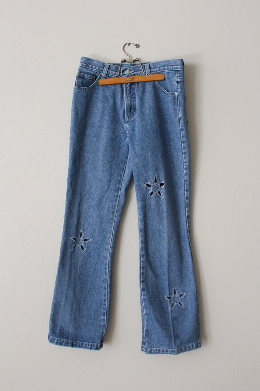 vintage y2k jeans with flower cut out jeans, flare leg flora jeans; denim floral cutout 