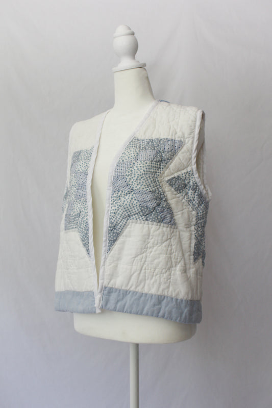 handmade quilt vest blue and white six point star