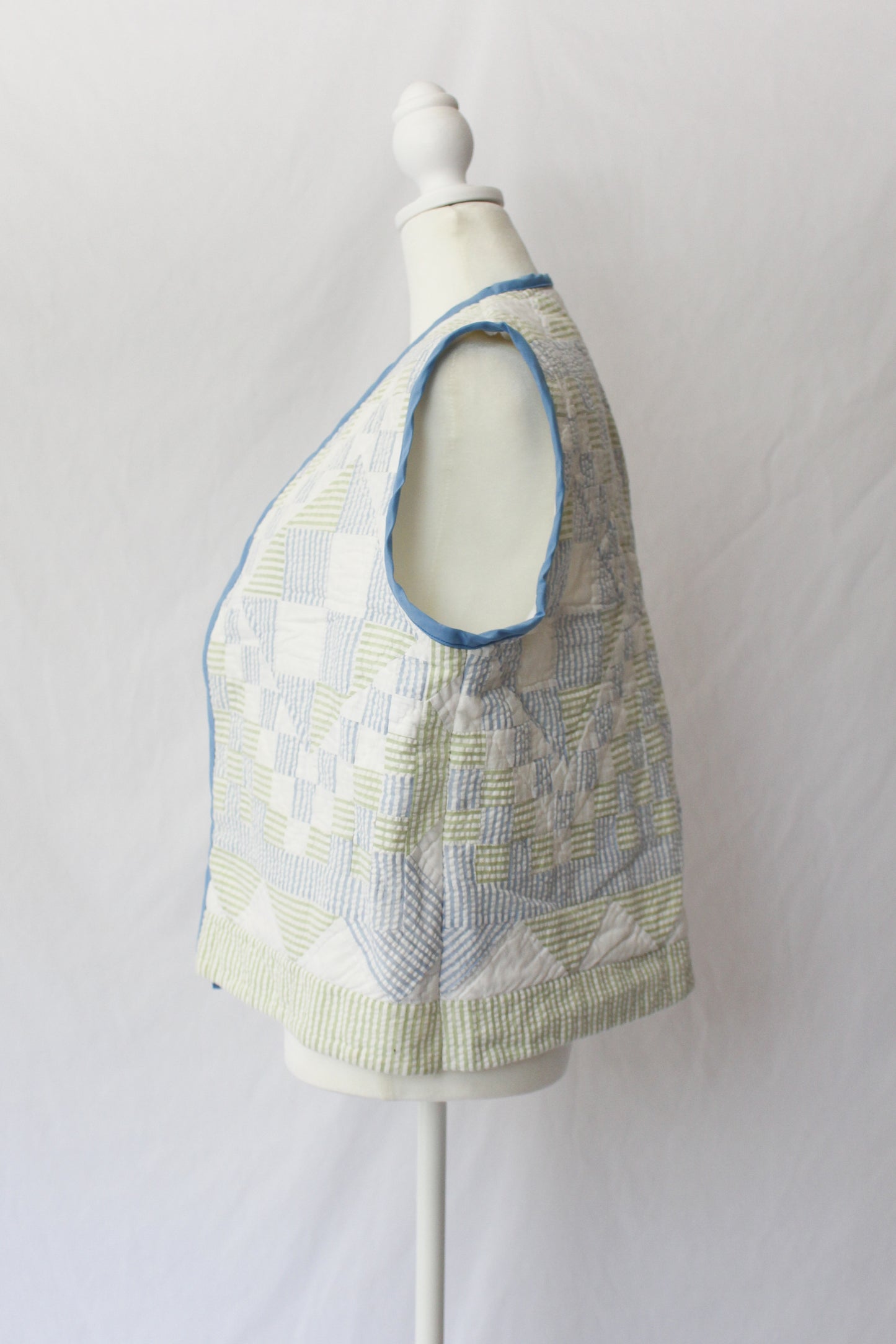 upcycled quilt vest, handmade quilt vest, one of a kind blue green and white vest 