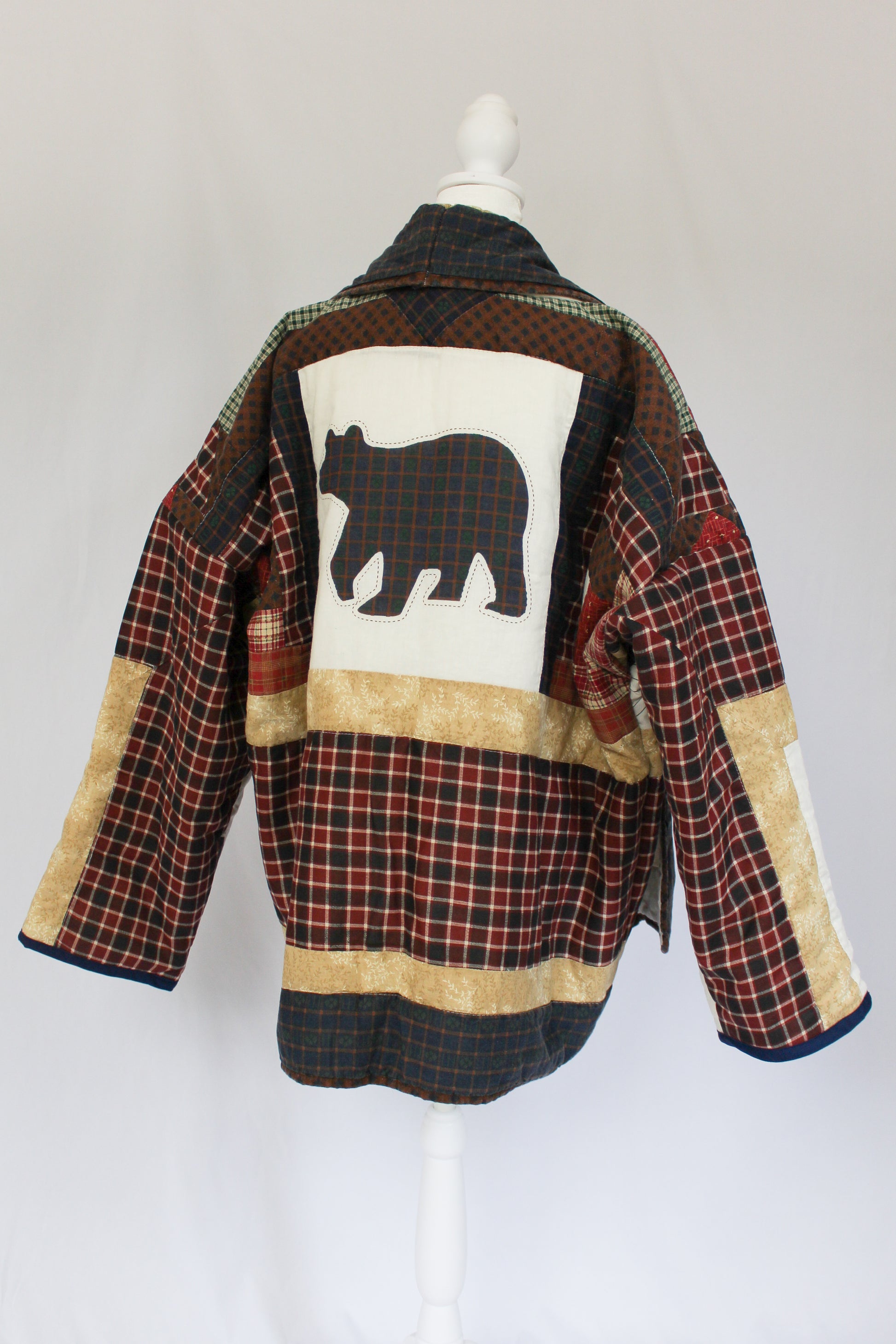 cabin themed jacket, jacket with bear, plaid quilt jacket
