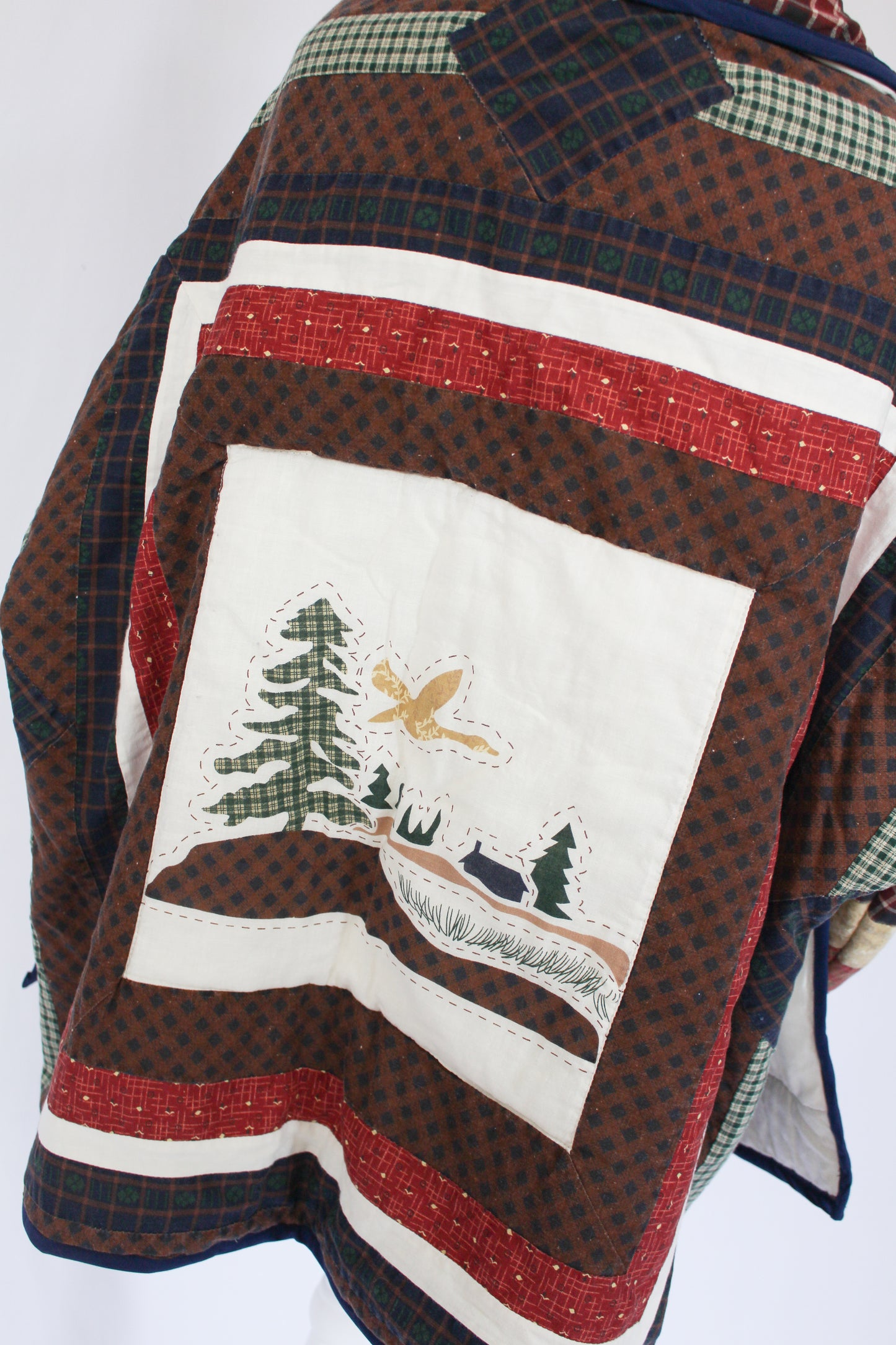 flying moose detail on cabin jacket, quilt jacket, upcycled quilt jacket, recycled quilt jacket
