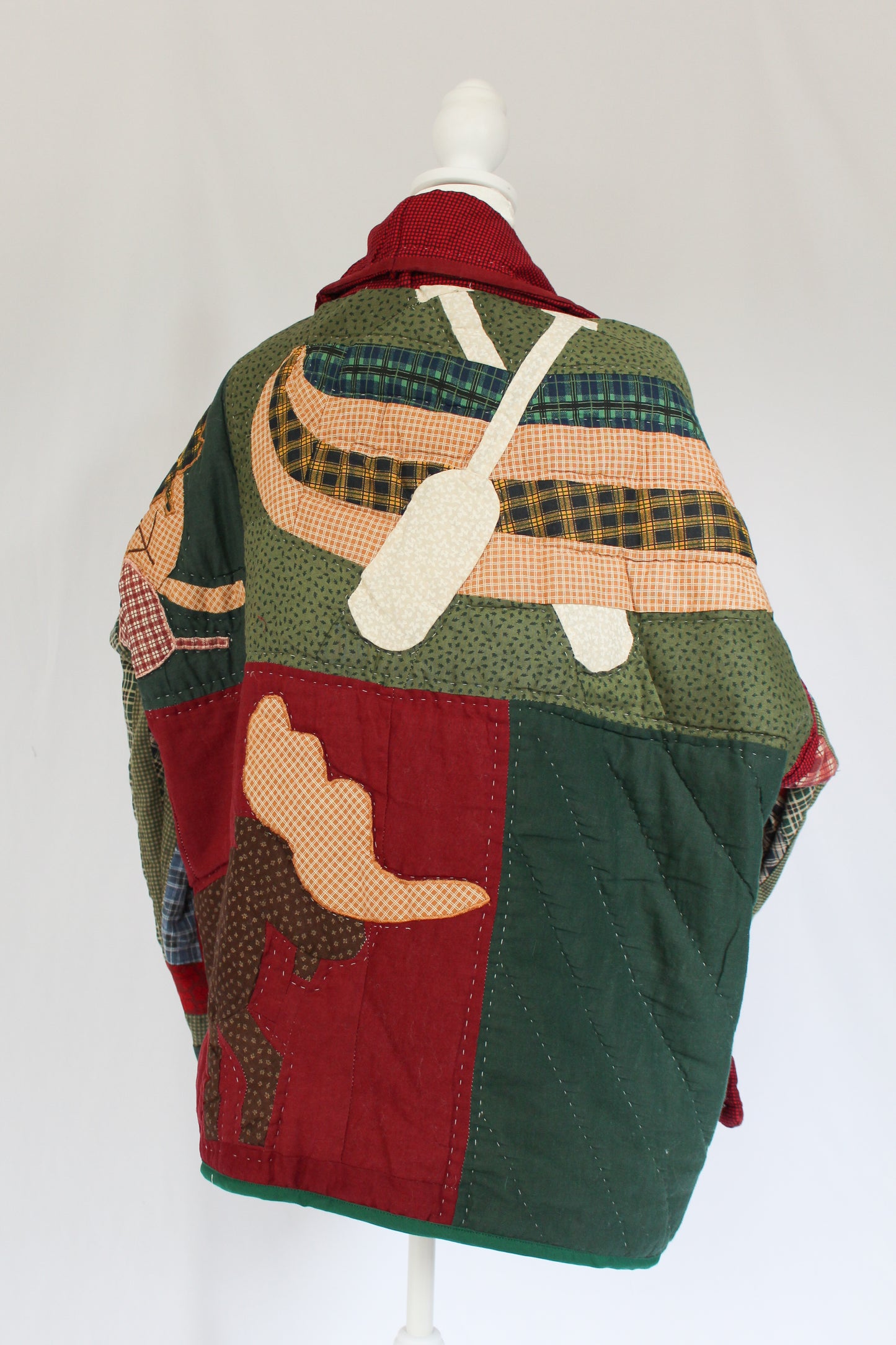 cabin quilt jacket with a canoe and moose on the back, unique quilt jacket, one of a kind jacket, upcycled jacket