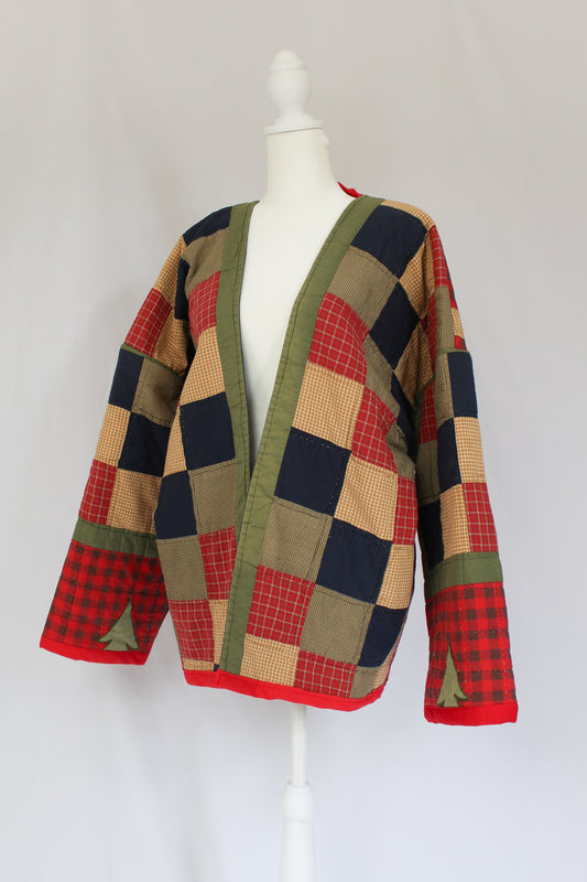 checkered quilt jacket, check pattern quilt jacket, upcycled quilt jacket, handmade quilt jacket, vintage quilt jacket