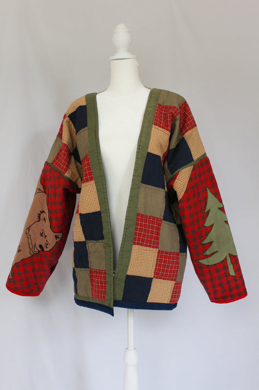 checker print quilt jacket, upcycled quilt jacket, old quilt jacket