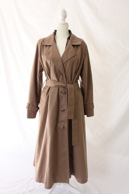 brown trench coat, thrifted trench coat, single breasted trench coat