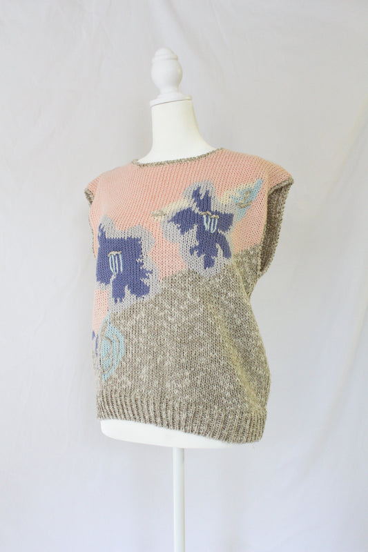 hand-knitted sweater vest with flowers, unique sweater vest, spring sweater vest