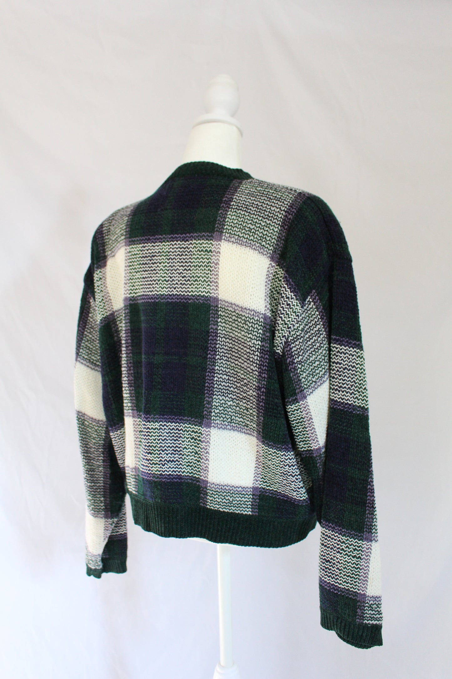 plaid grandma cardigan with silver buttons