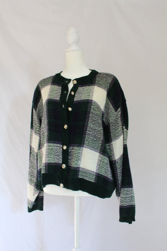 plaid button up cardigan, green purple and white cardigan, cardigan with silver buttons