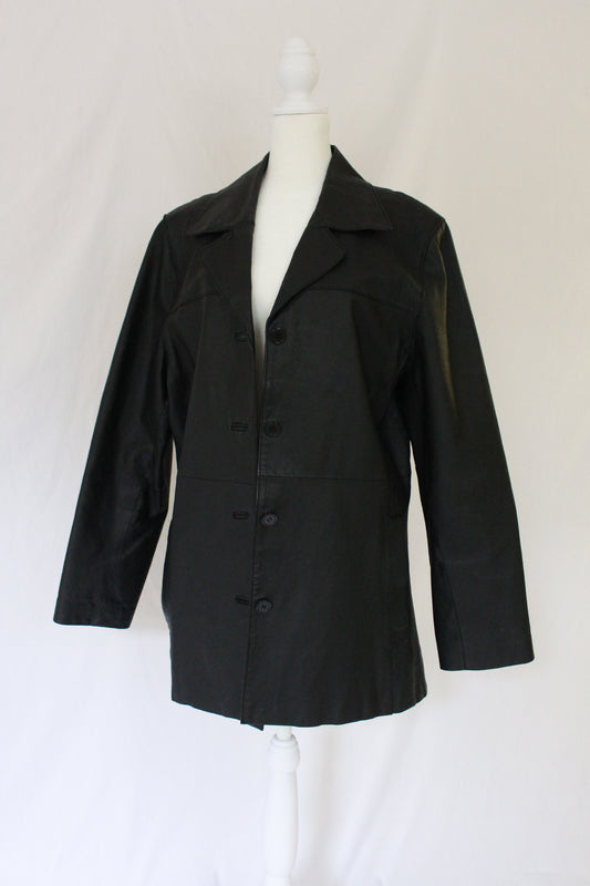 timeless black leather jacket, black leather coat, pre-owned leather jacket, used black leather coat