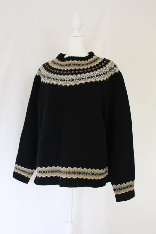 vintage eddie bauer fair isle sweater, black fair isle sweater, 100% wool fair isle sweater, pre-owned fair isle sweater