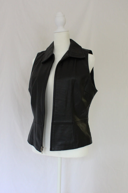 zip up 100% leather vest, black leather vest with zipper and collar