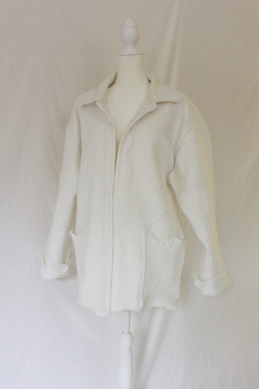 white handmade quilt jacket with collar, neutral white quilt jacket with texture, floral texture quilt jacket