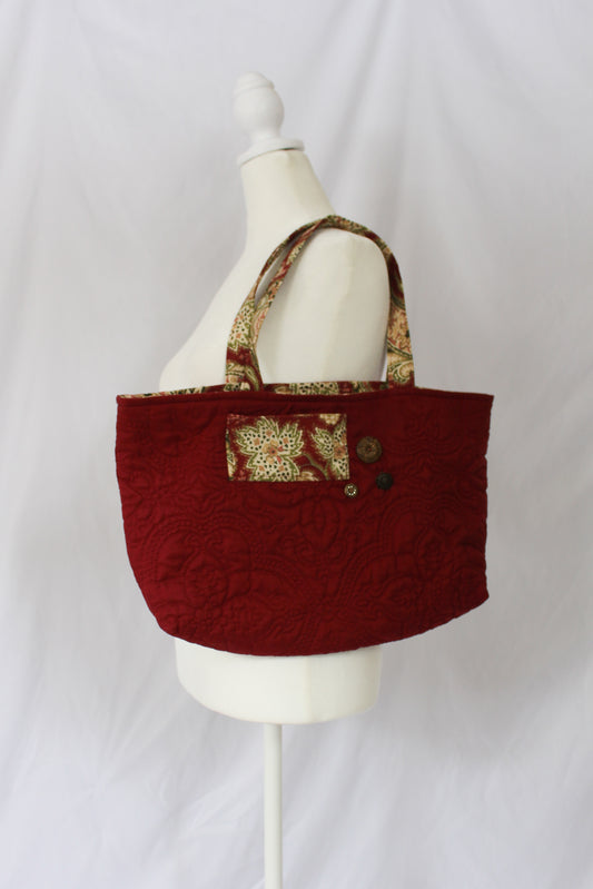 asymmetrical pocket tote bag, quilt tote bag, tote bag with vintage buttons