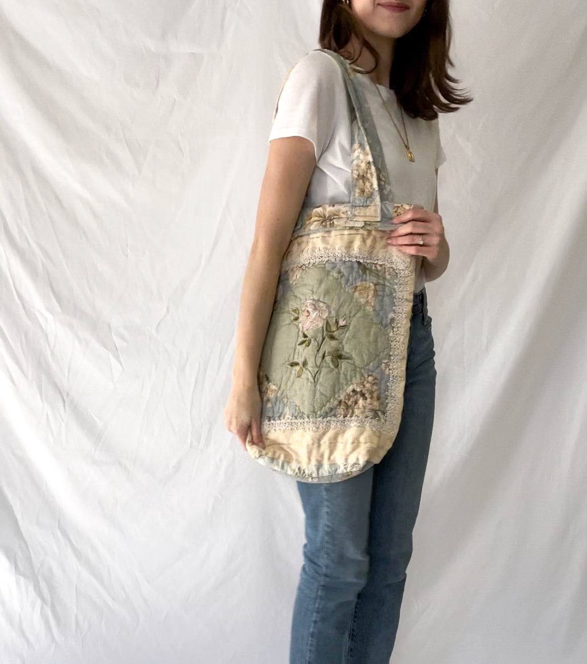 handmade quilt tote bag made from recycled tote