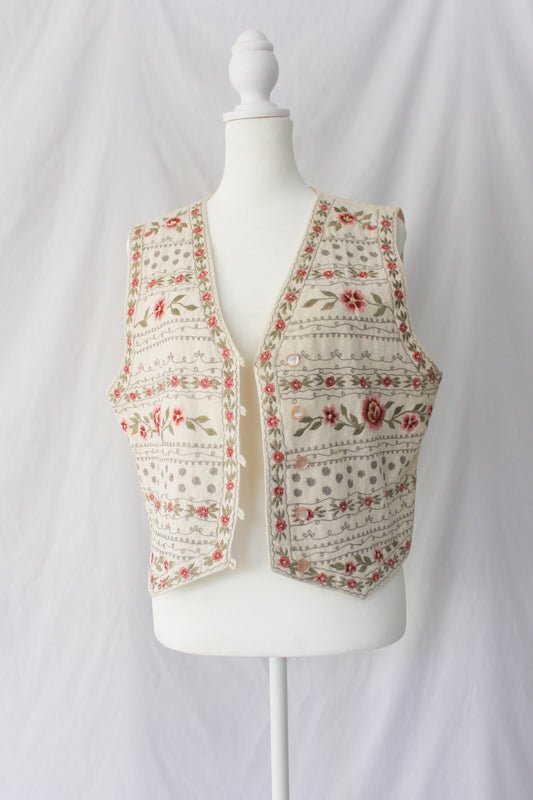 floral cream vest, pink and green floral vest, button up vest for spring, portraits by northern isles vest