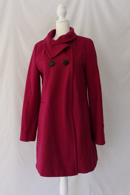 magenta peacoat with black buttons, hot pink long coat