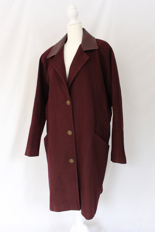 burgundy long winter coat vintage with coin buttons