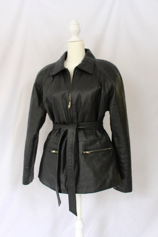 Black Leather Jacket With Tie Waist