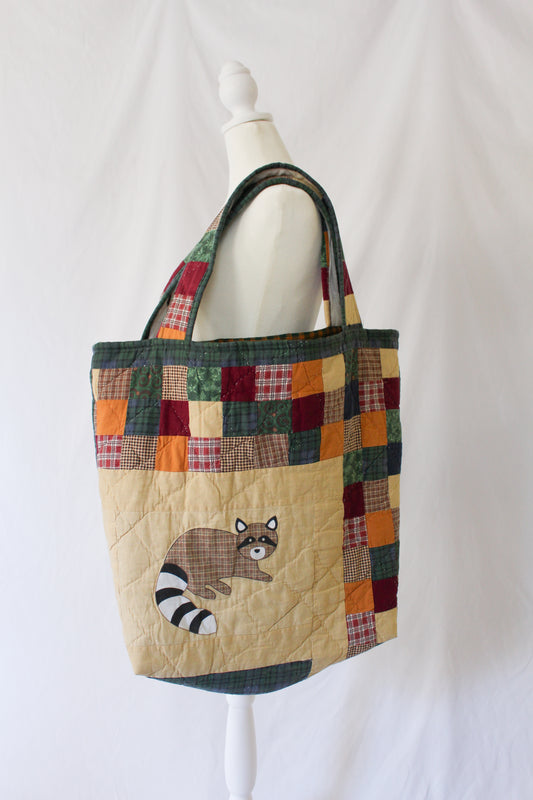 recycled quilt tote, woodland creature tote bag, upcycled tote, reworked tote