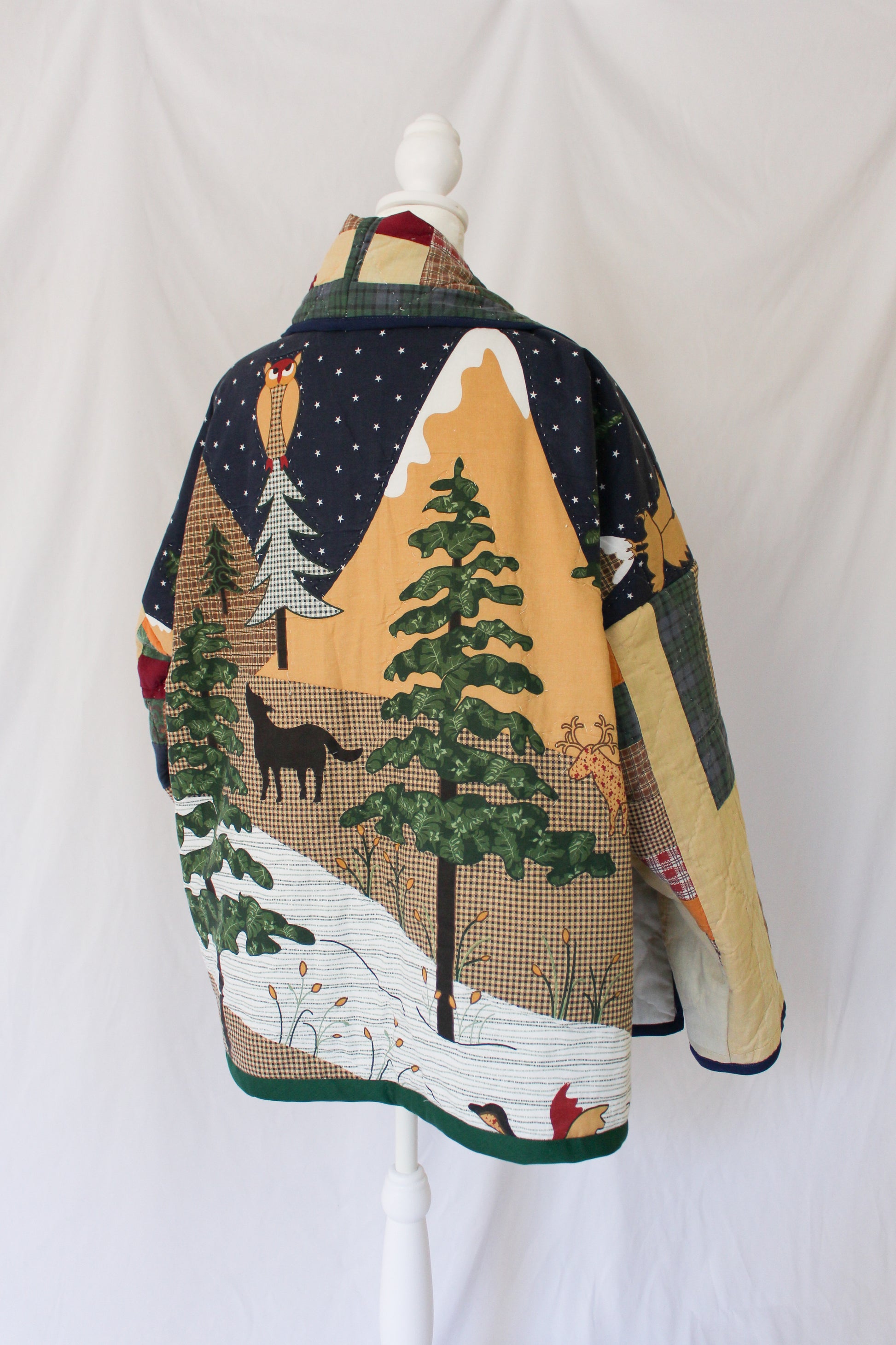 woodland creature quilt jacket, night scene quilt jacket, quilt jacket with animals, handmade quilt jacket, quilt coat