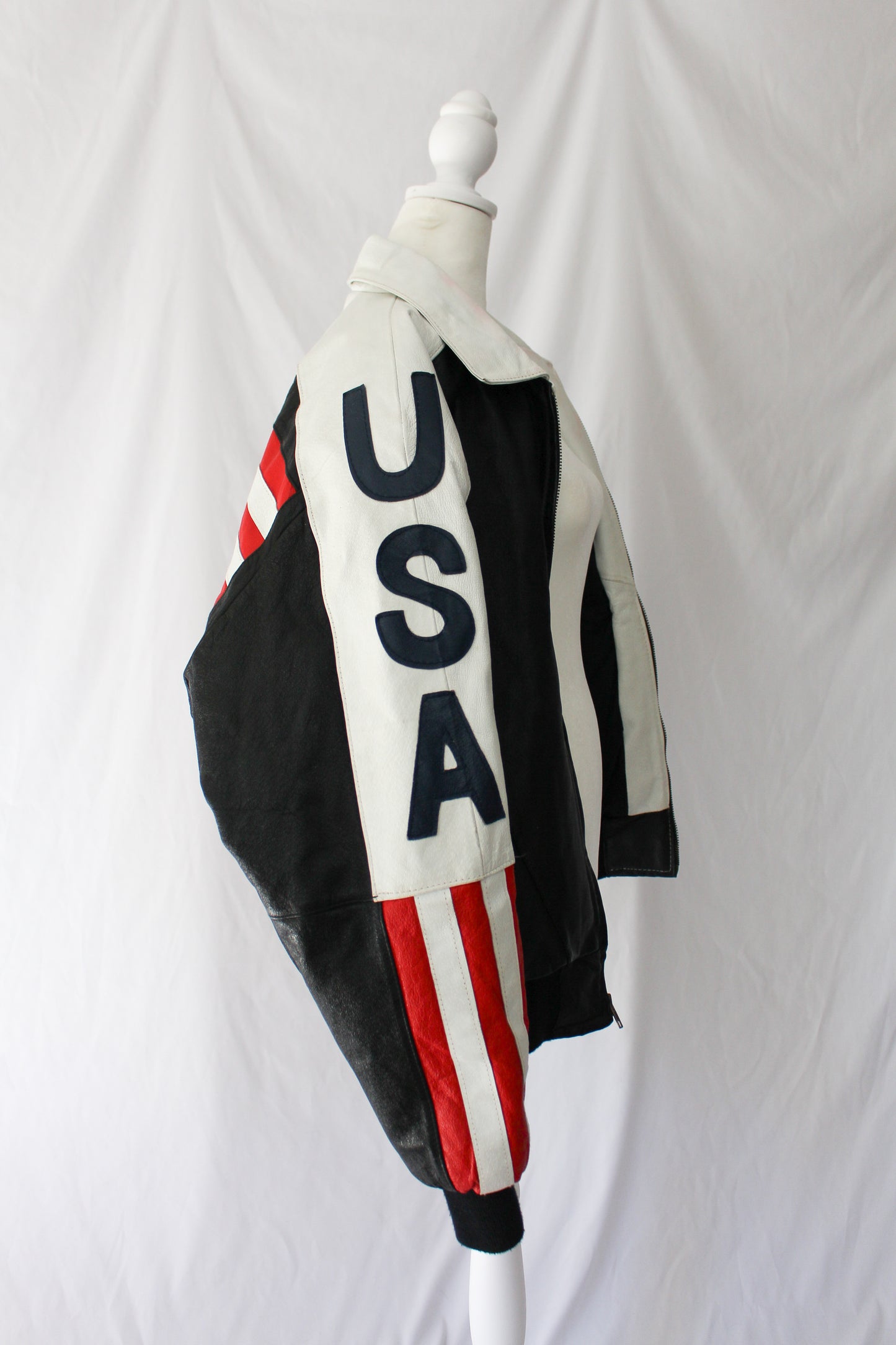 USA leather jacket; white navy black and red jacket, leather coat american