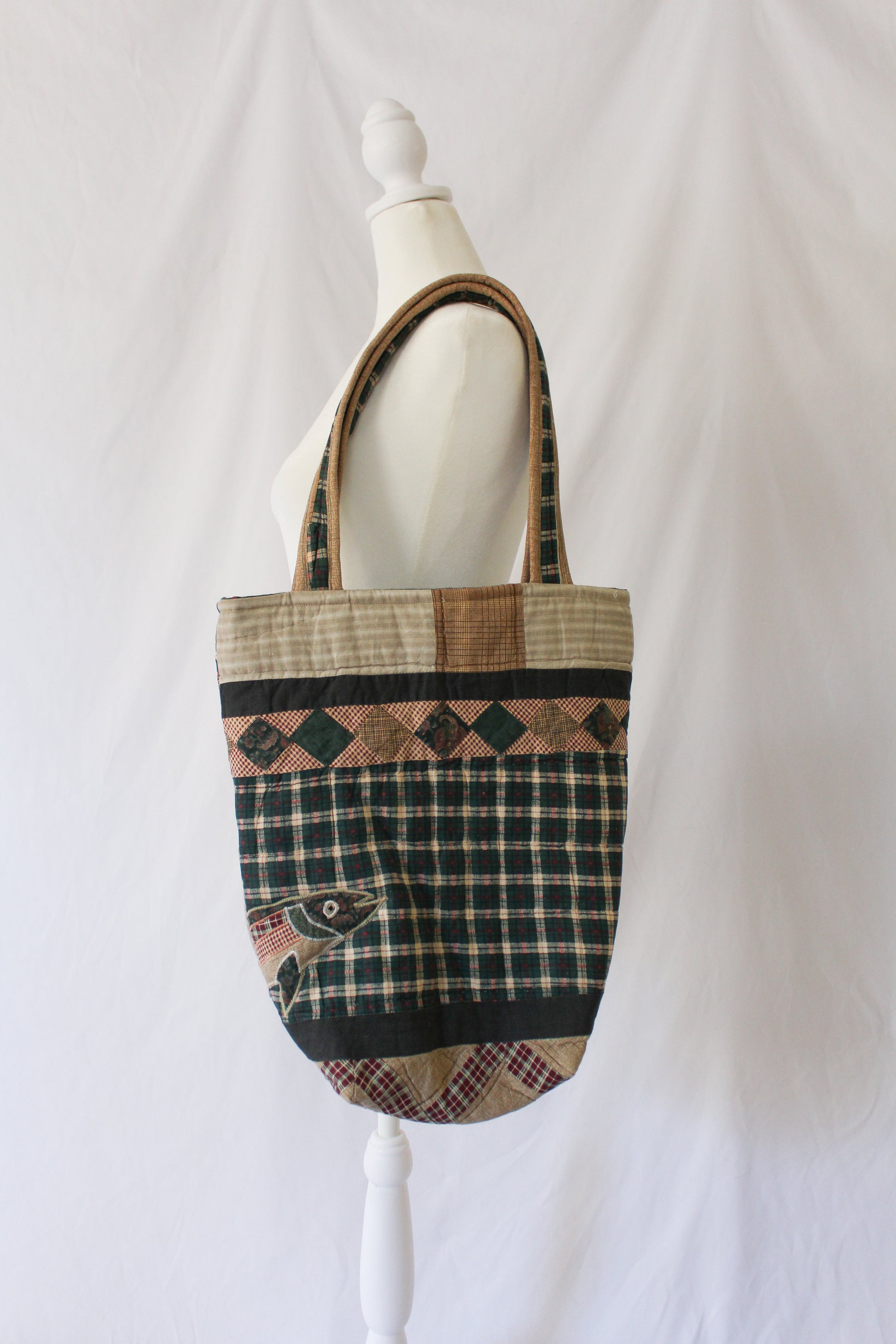 fish purse with green plaid, quilt tote purse with fish 