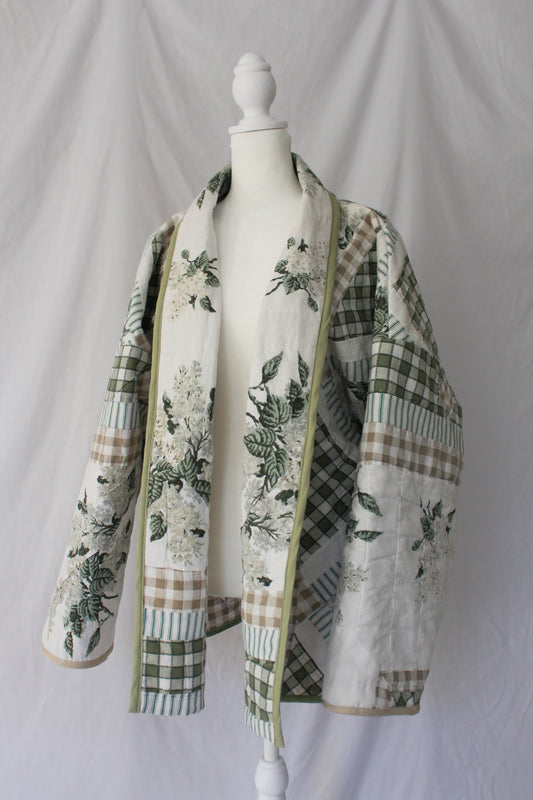plaid floral hydrangea quilt jacket, handmade quilt jacket, spring quilt jacket, quilt coat, light quilt jacket