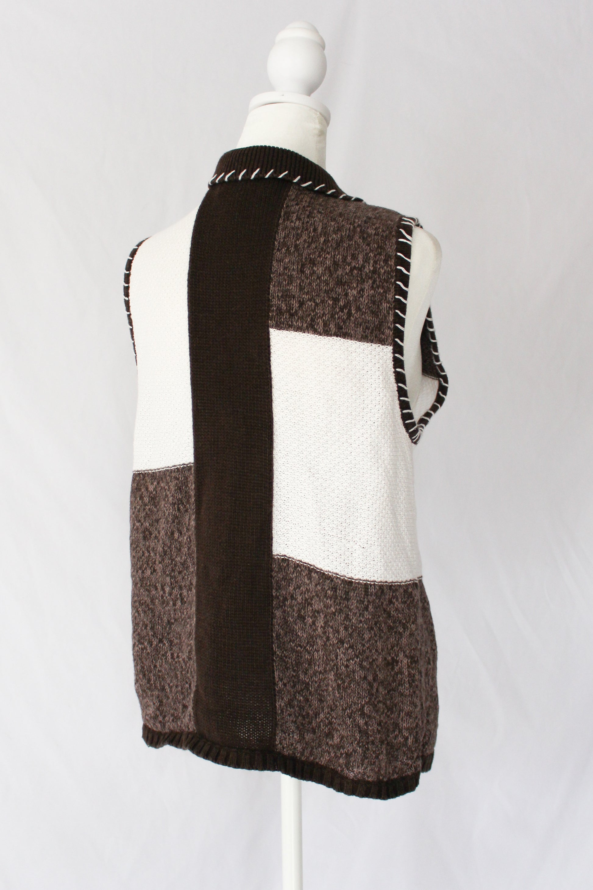 block knit vest brown and white with hand embroidery, pre-owned