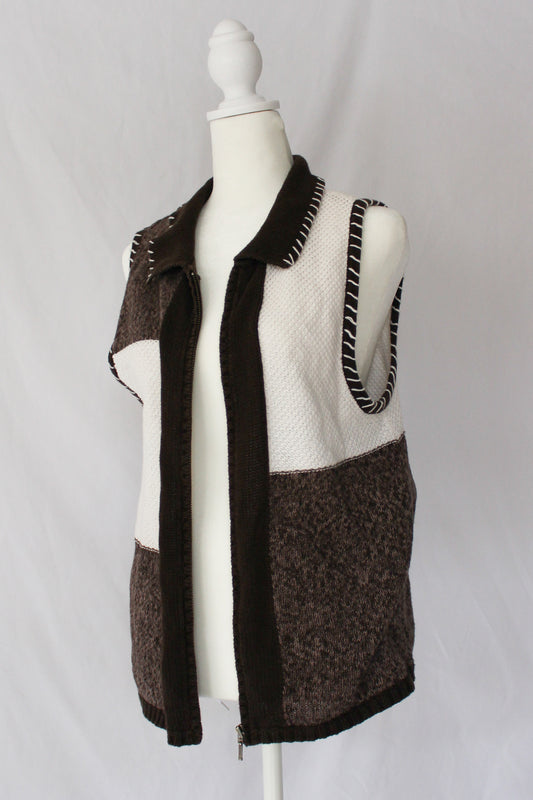 blocked vest, brown and white vest, hand stitched vest, zip up vest