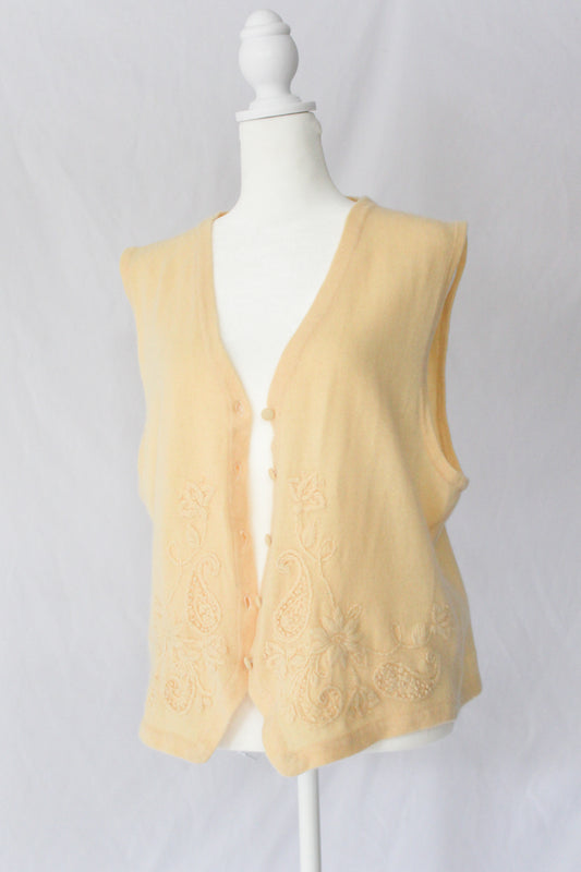 knit yellow vest for spring, embroidered floral vest, light yellow knit vest