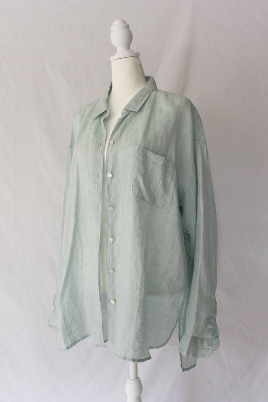 linen button up shirt, secondhand button up shirt light green