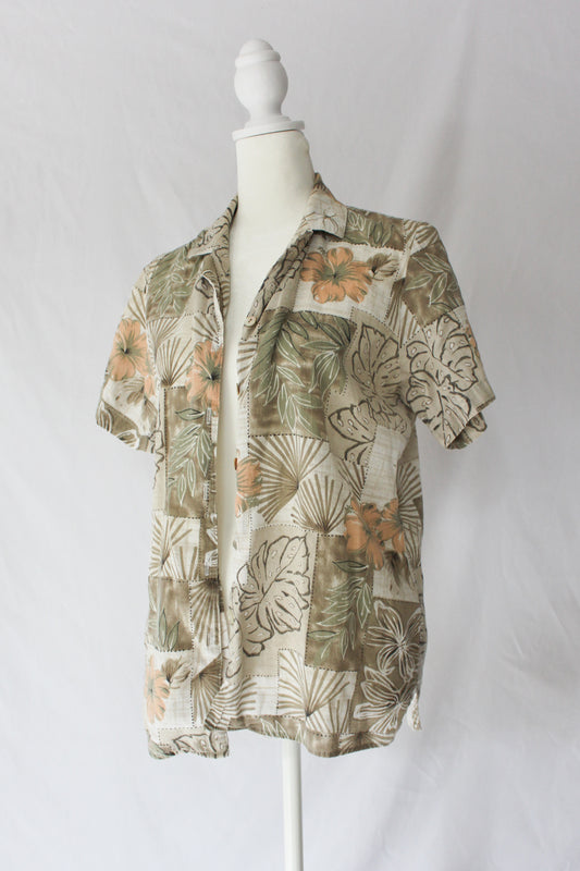 neutral tropical print shirt, tropical print with neutral colors button up, womens small tropical button up button down