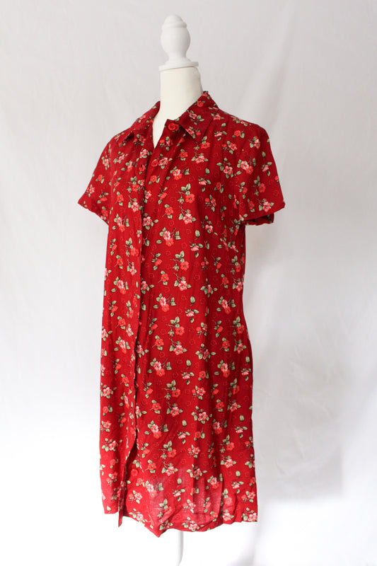 red floral dress, floral button up secondhand dress