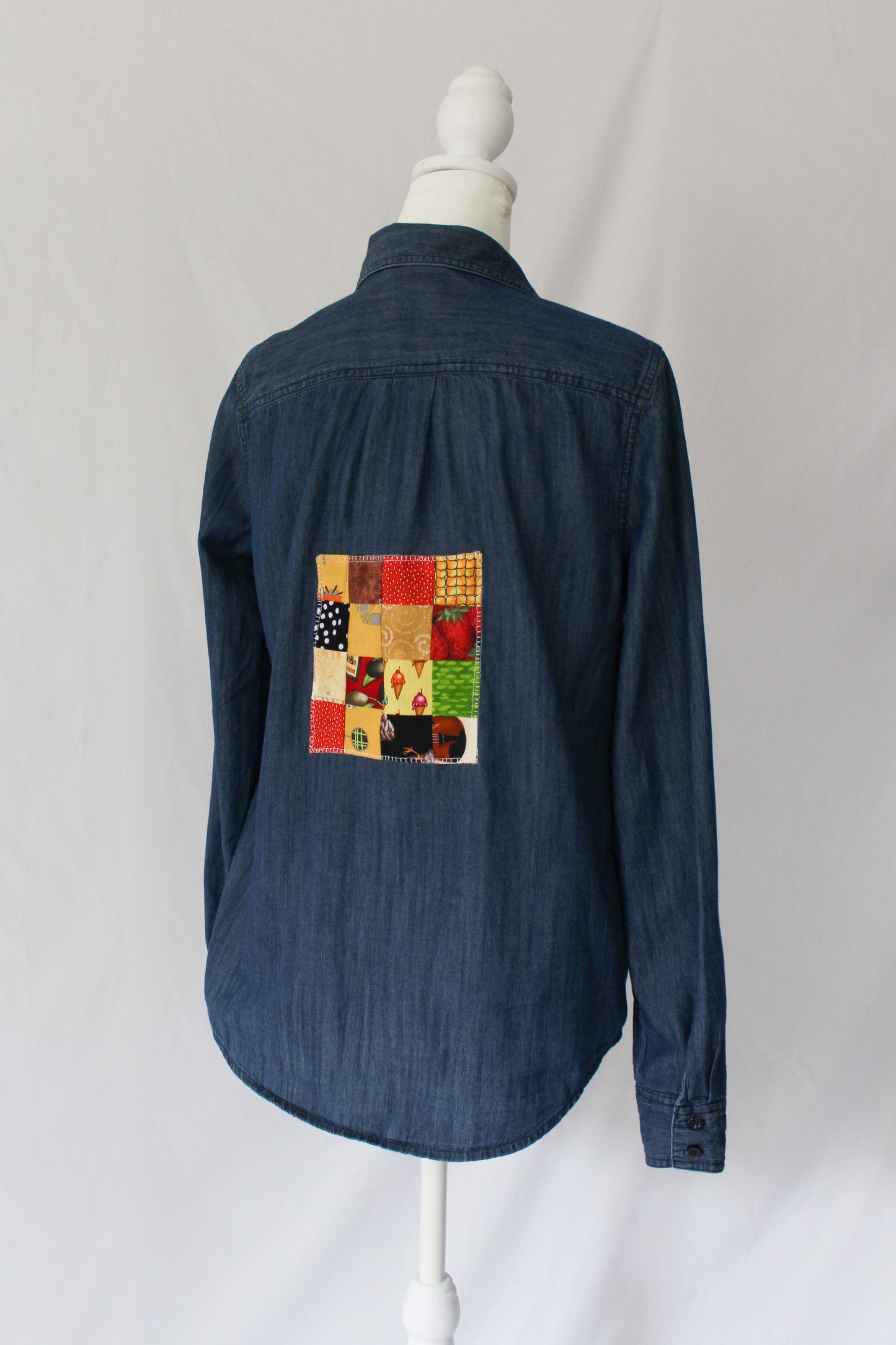 Upcycled quilt block denim shirt