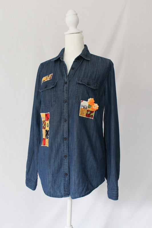 upcycled denim button up with patches