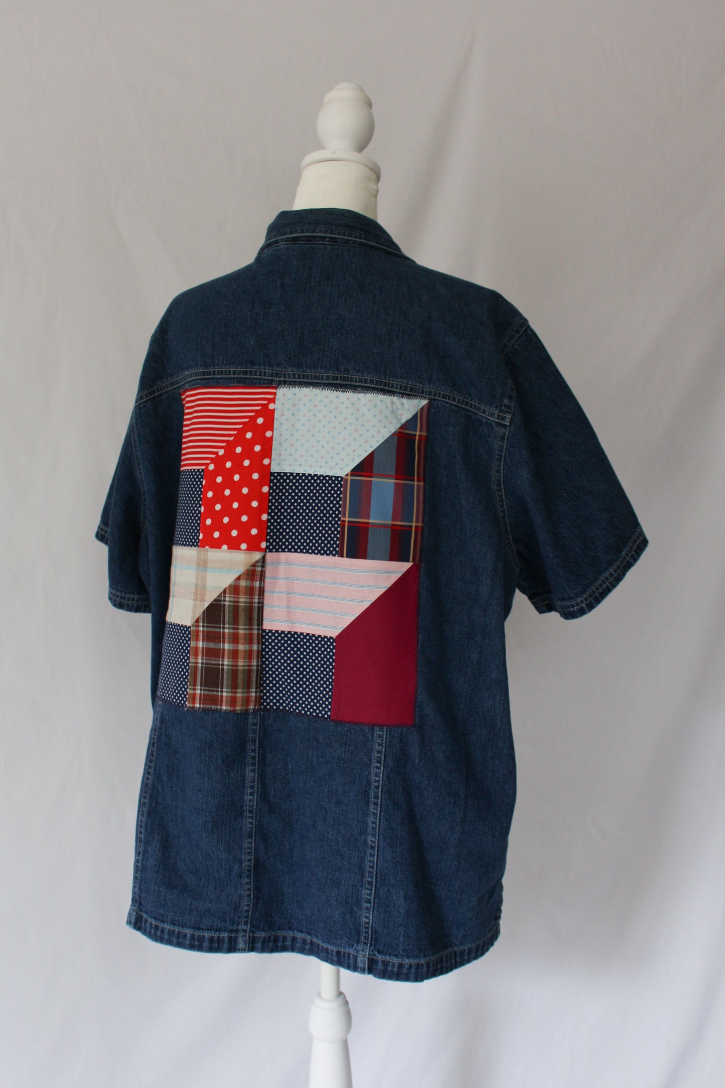 denim quilt block shirt, red white and blue quilt block 