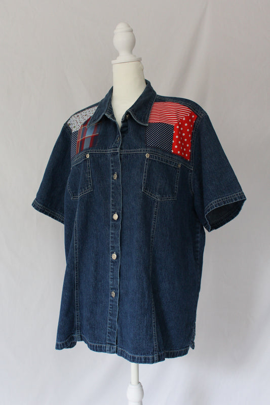 denim patchwork shirt, red white and blue quilt patch shirt, upcycled
