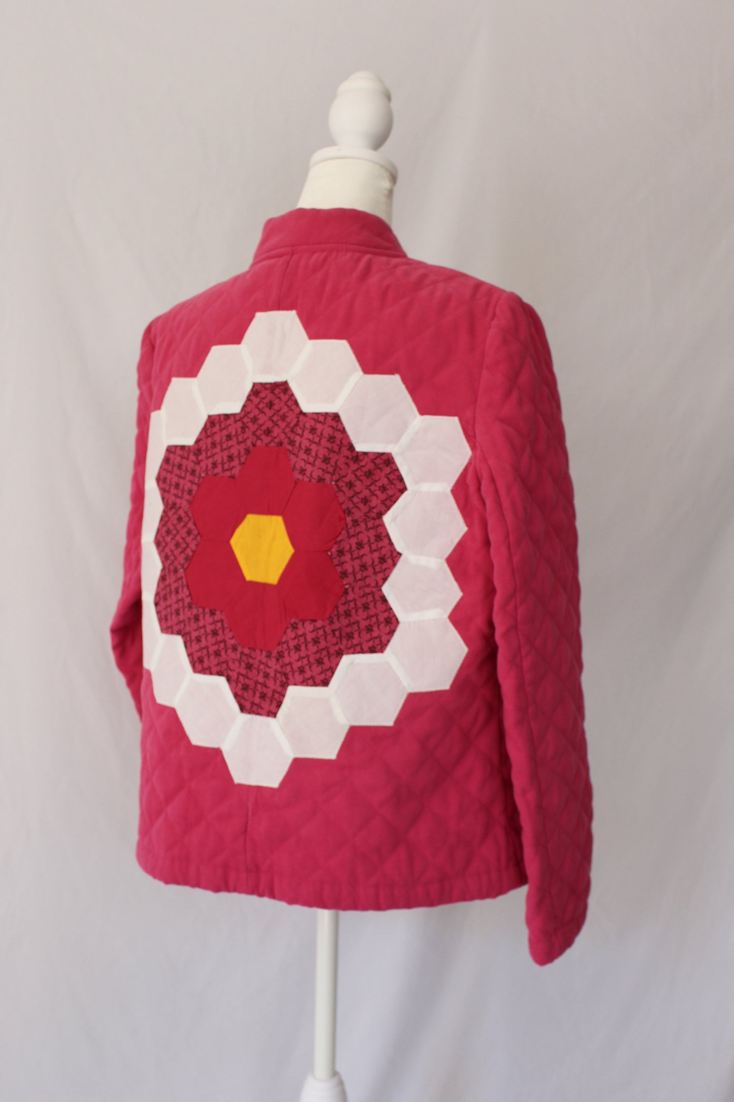 quilt block on pink quilted jacket, quilt block jacket, upcycled quilted jacket