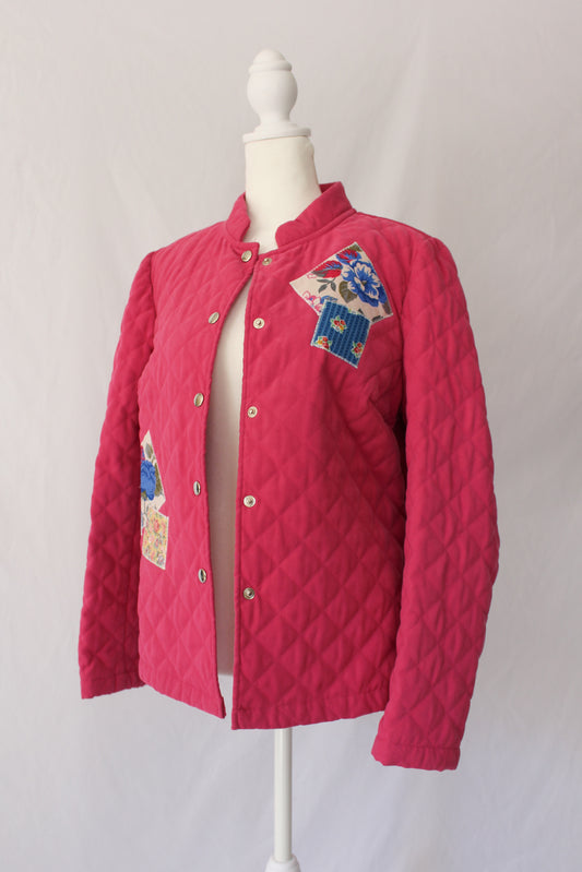 pink quilted jacket with floral patches, upcycled jacket, upcycled quilted jacket 
