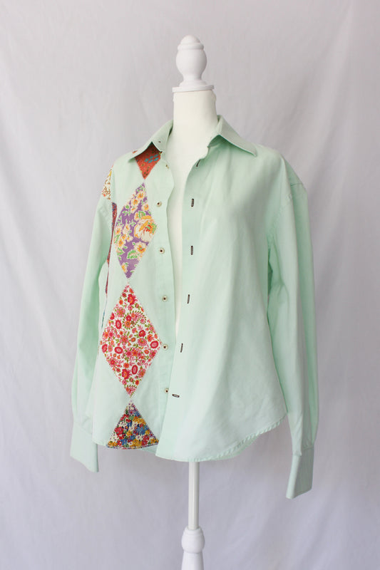 upcycled button up, patchwork detail, quilt diamond blocks, floral patches, mint button up