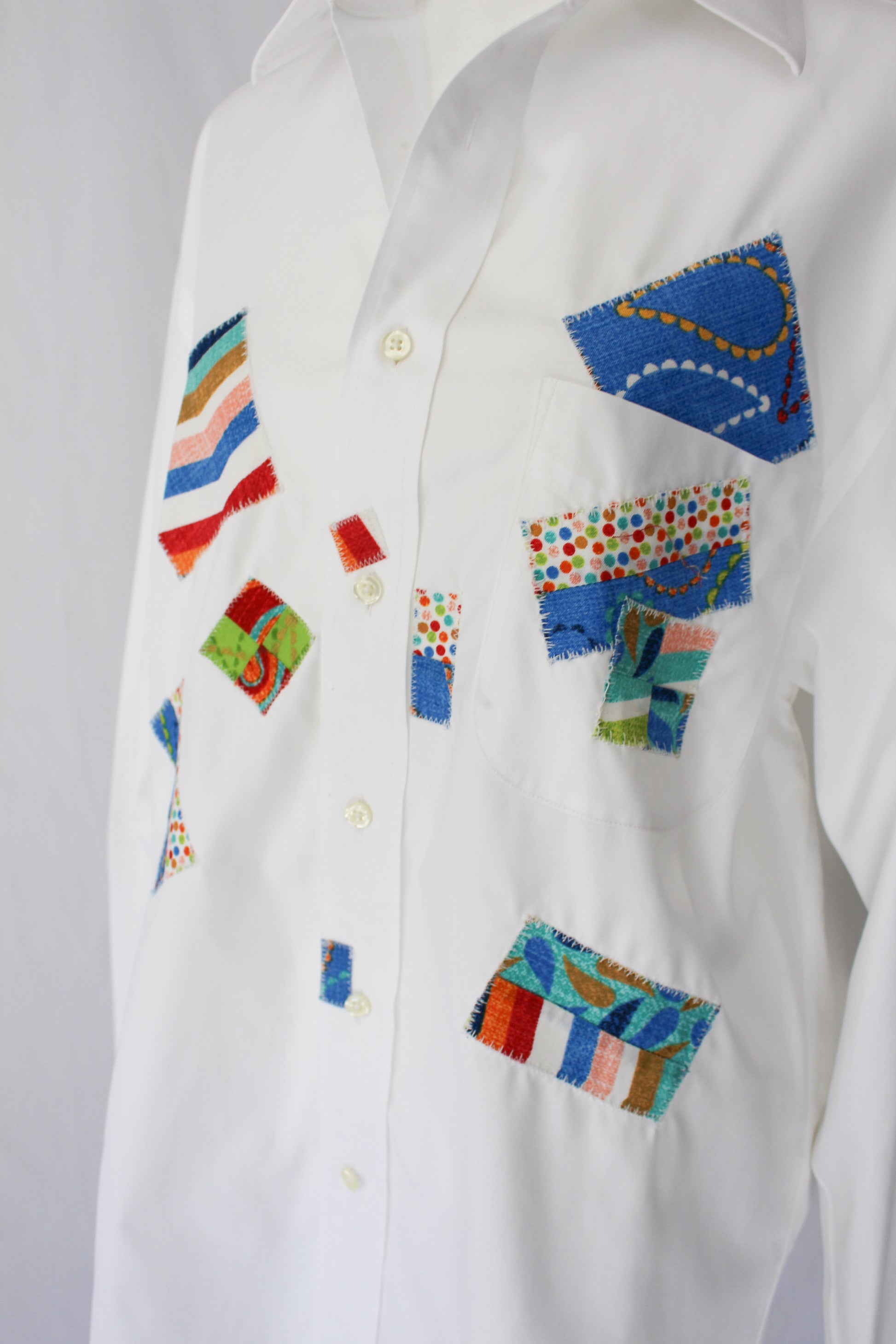 upcycled white button up button down with colorful patches