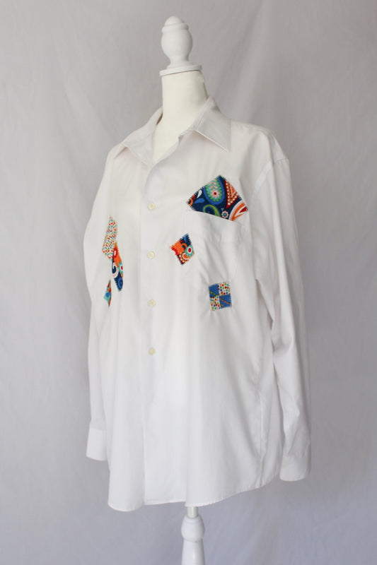 upcycled patchwork button up with zany colorful patches, white patchwork button up 