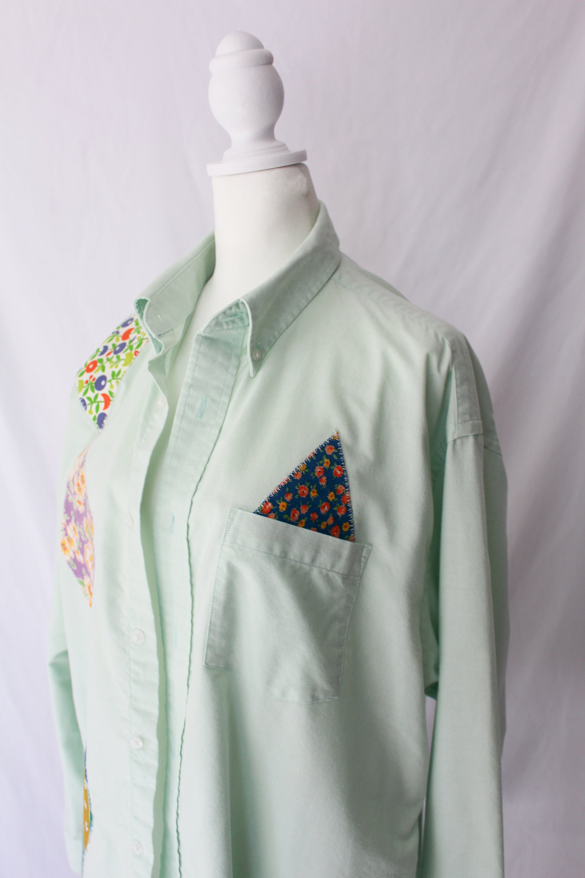 patchwork diamond and triangle patches, upcycled shirt