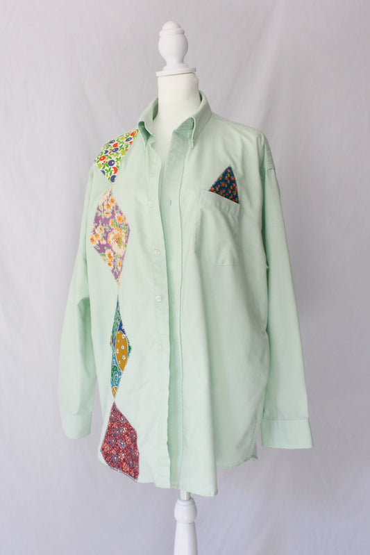 diamond floral patch button up, upcycled mint button up, upcycled shirt, upcycled button up 