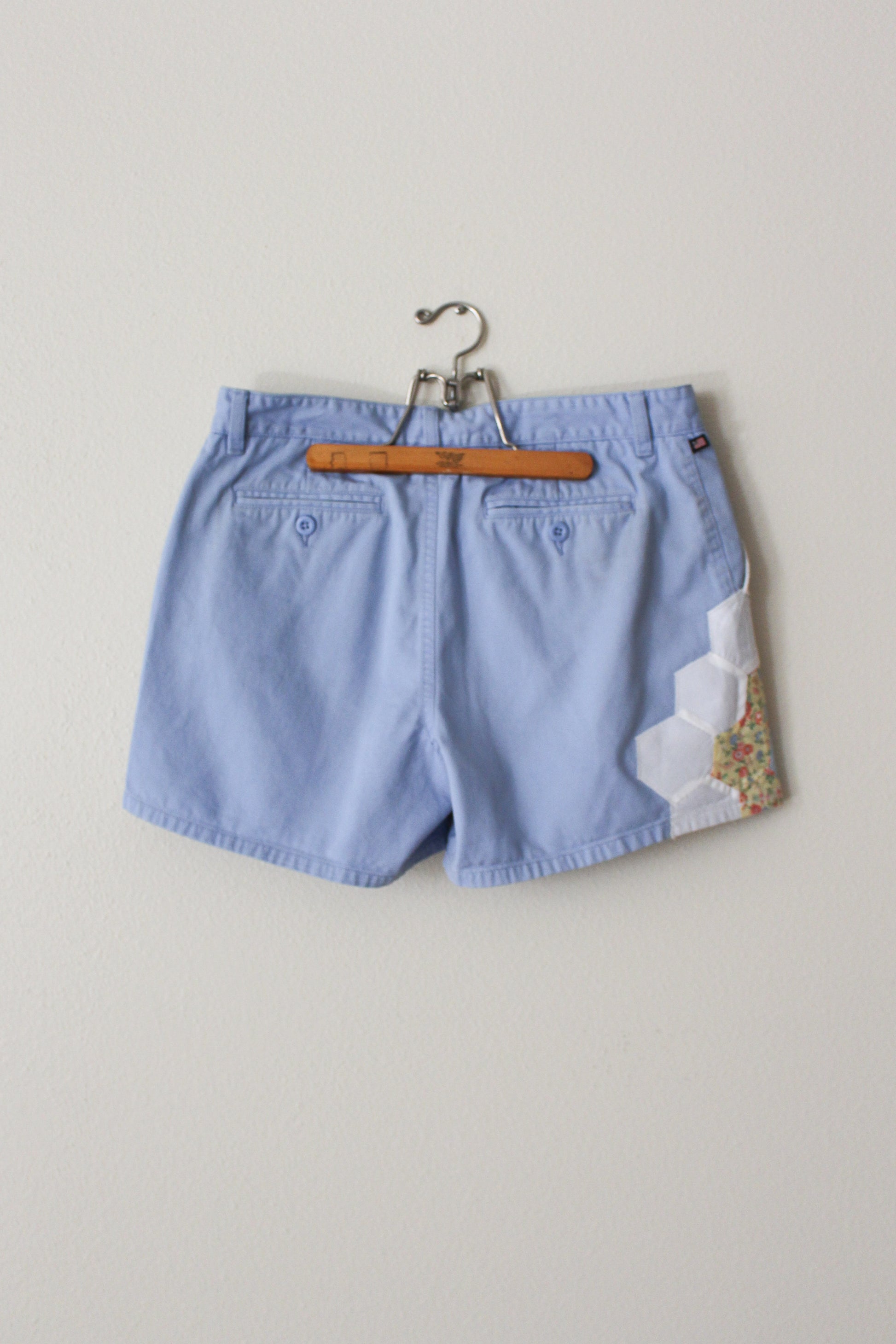 light blue quilt block shorts, ralph lauren upcycled shorts, size 8 upcycled shorts