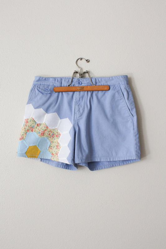upcycled size 8 shorts, upcycled shorts, quilt block upcycled clothing