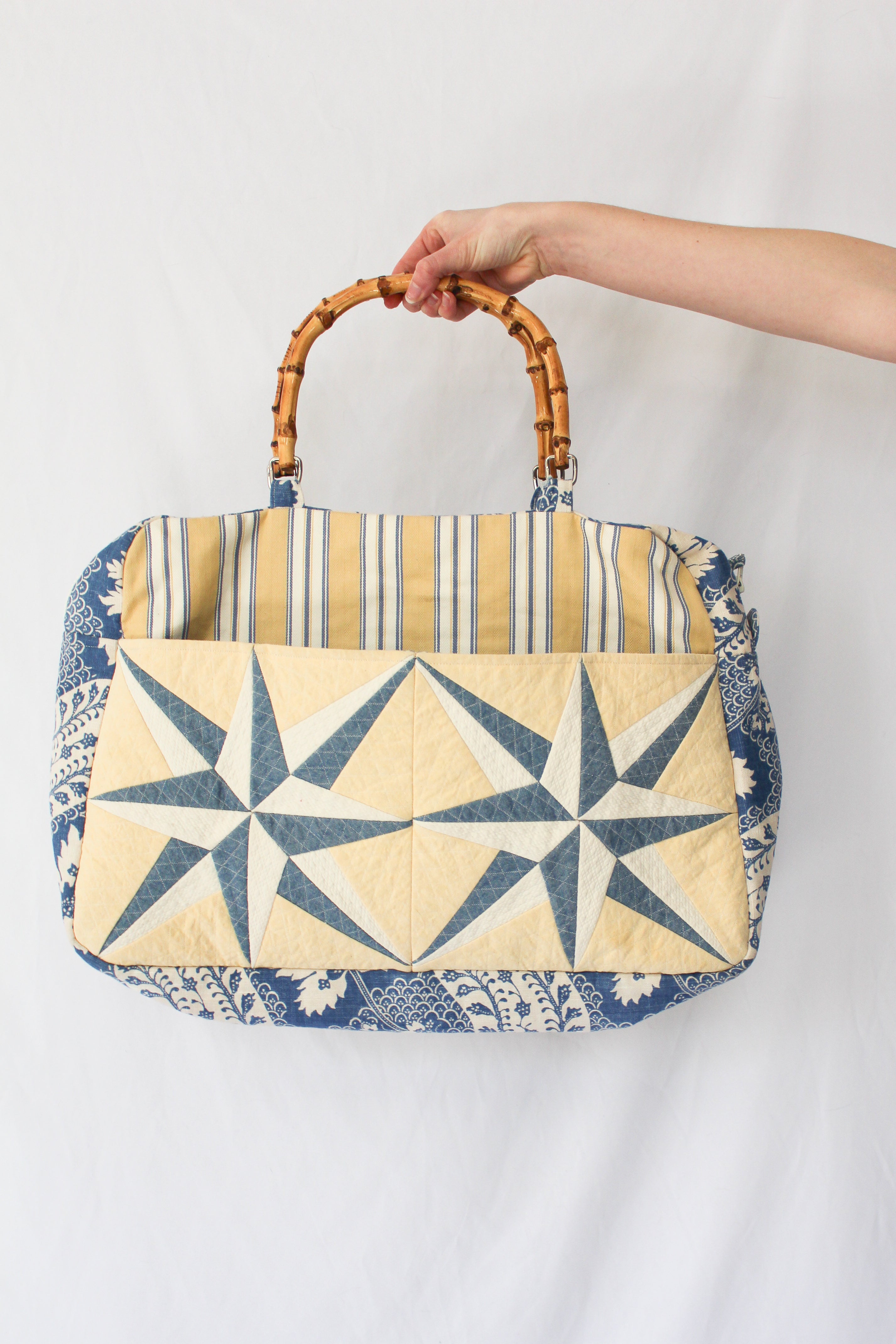 Barrel Handbags Blue with Yellow Prints. – lakshya bags
